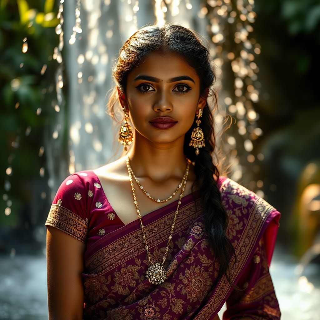 Indian Woman in Saree Under Waterfall Portrait