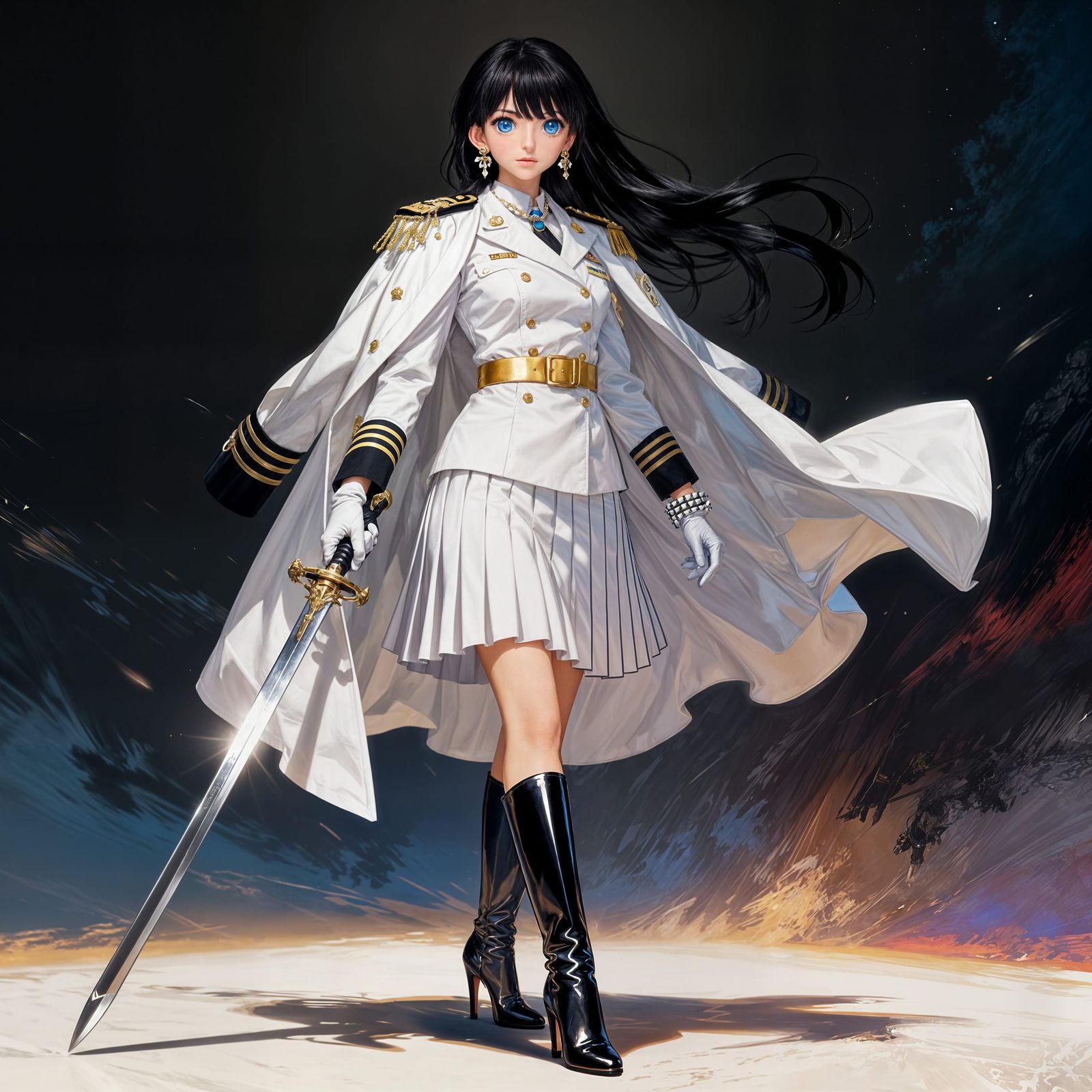 Anime Female Admiral with Sword and Navy Uniform