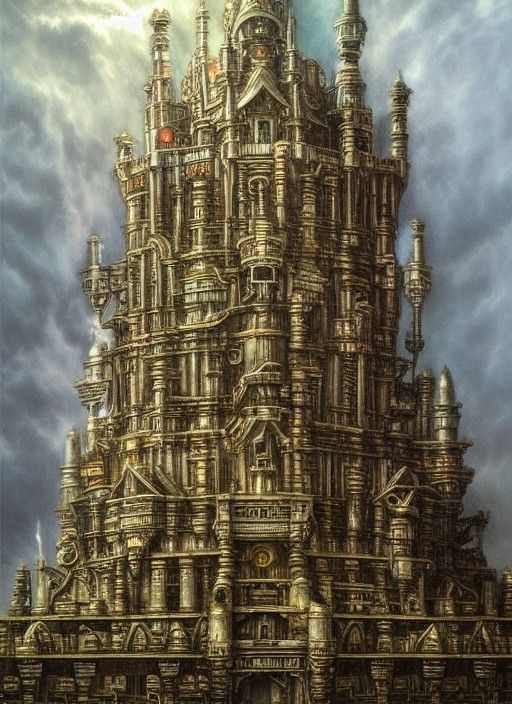 Mechanical Temple Fortress in Detailed Fantasy Style