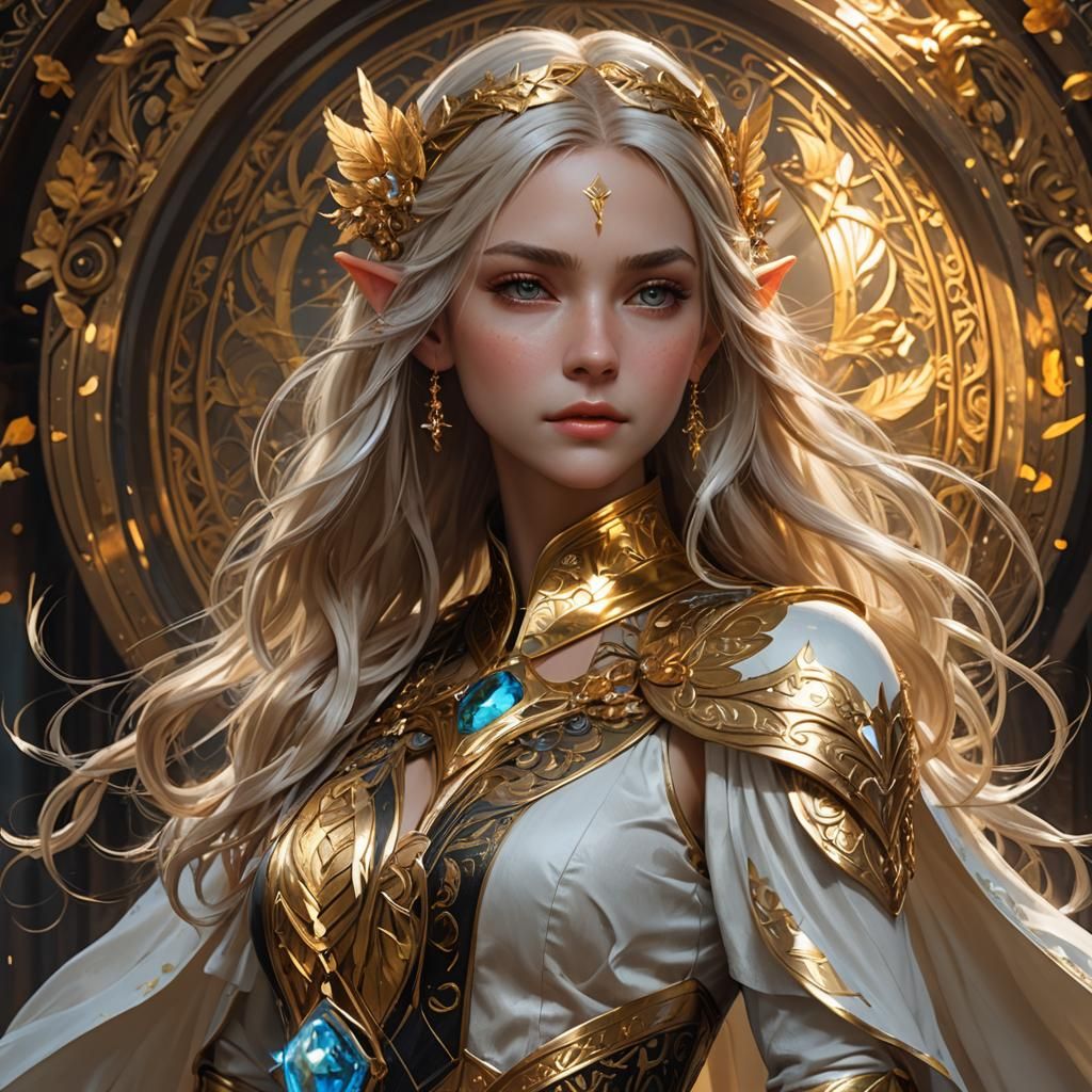 Elf Portrait in Gold Dress, Digital Art