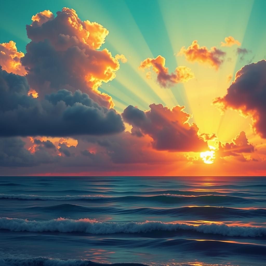 Colorful Sunset Over Ocean with Volumetric Lighting