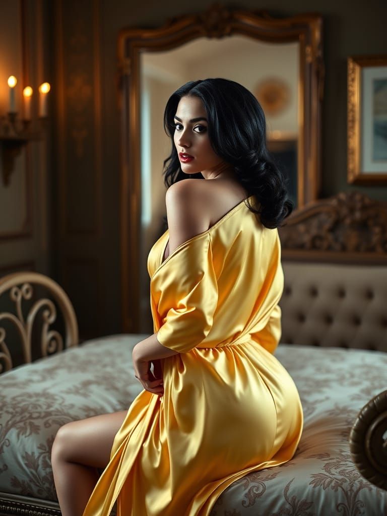 Sultry Victorian Pin Up Model in Yellow Robe
