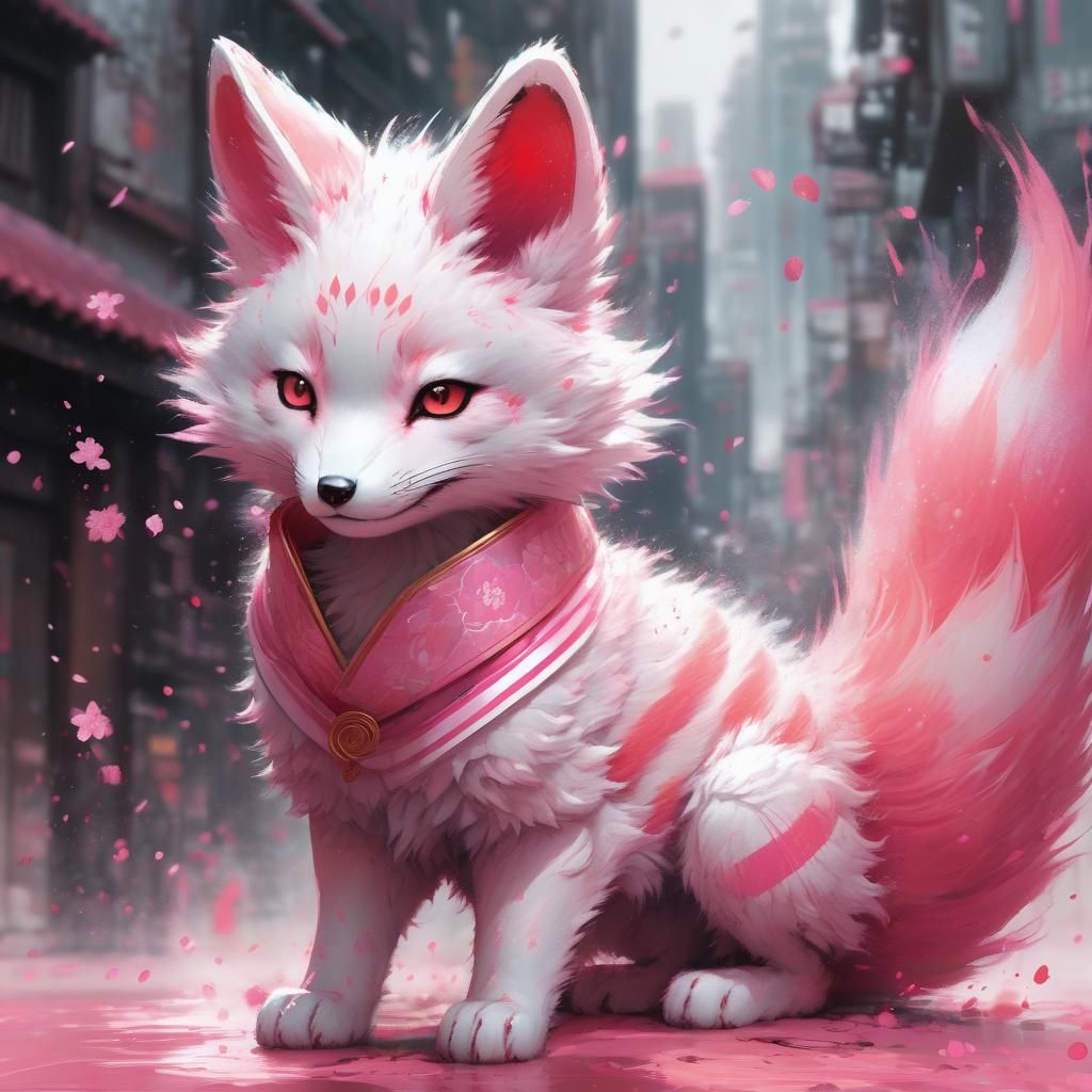 Mystical Pink Kitsune with Sakura, Digital Art
