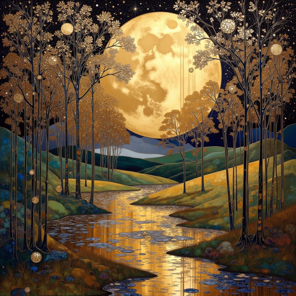 Ethereal Fantasy Landscape with Klimt-Inspired Gold Foil