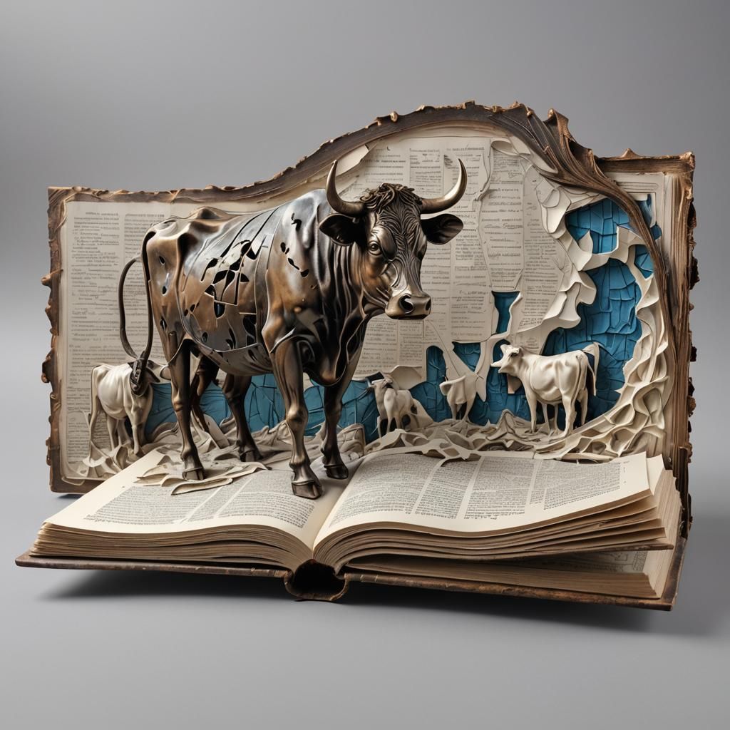 Surrealist Cow Carving in Aged Bronze Bas-Relief