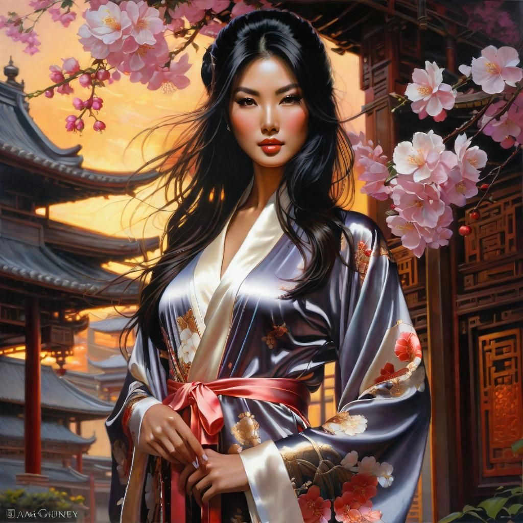 Asian Beauty in Silk Robe, Steampunk Art