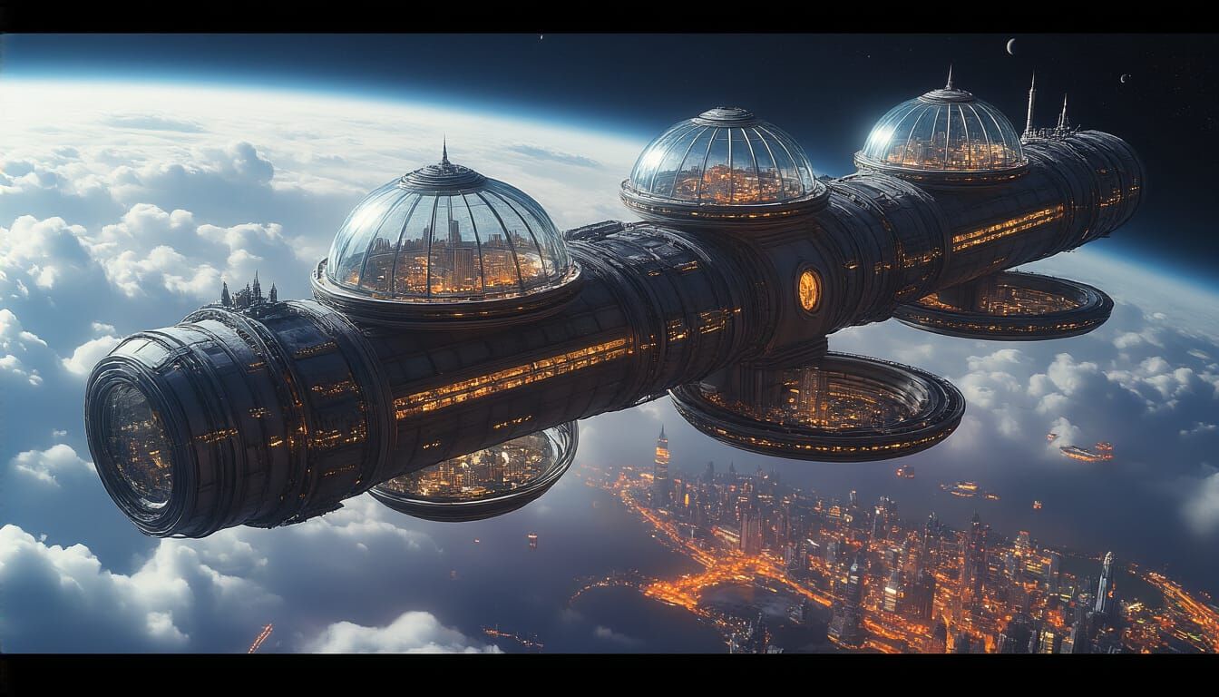 Massive Orbital Space Station Above Earth at Night