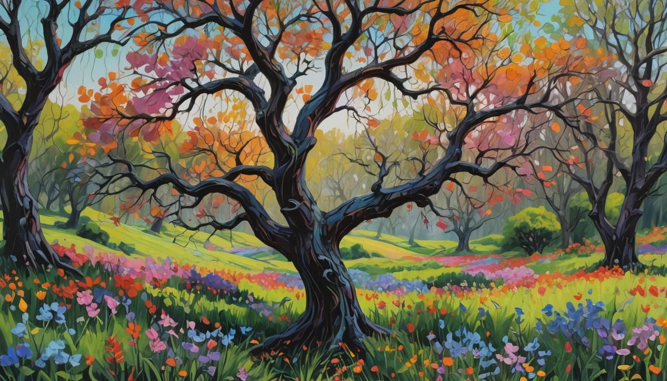 Calligraphic Landscape in Impressionistic Impasto Style