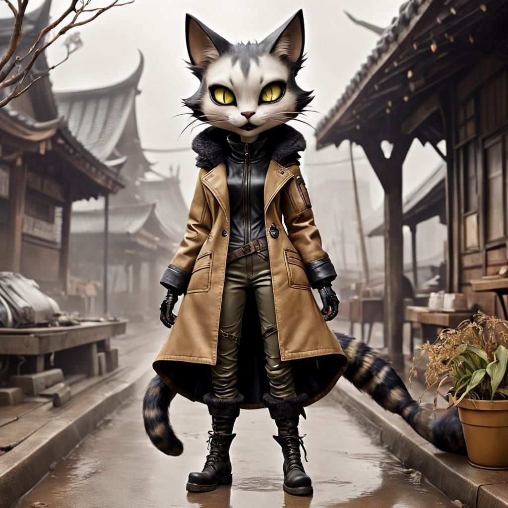 Exotic Catgirl Alien Shows Off in Weathered Coat