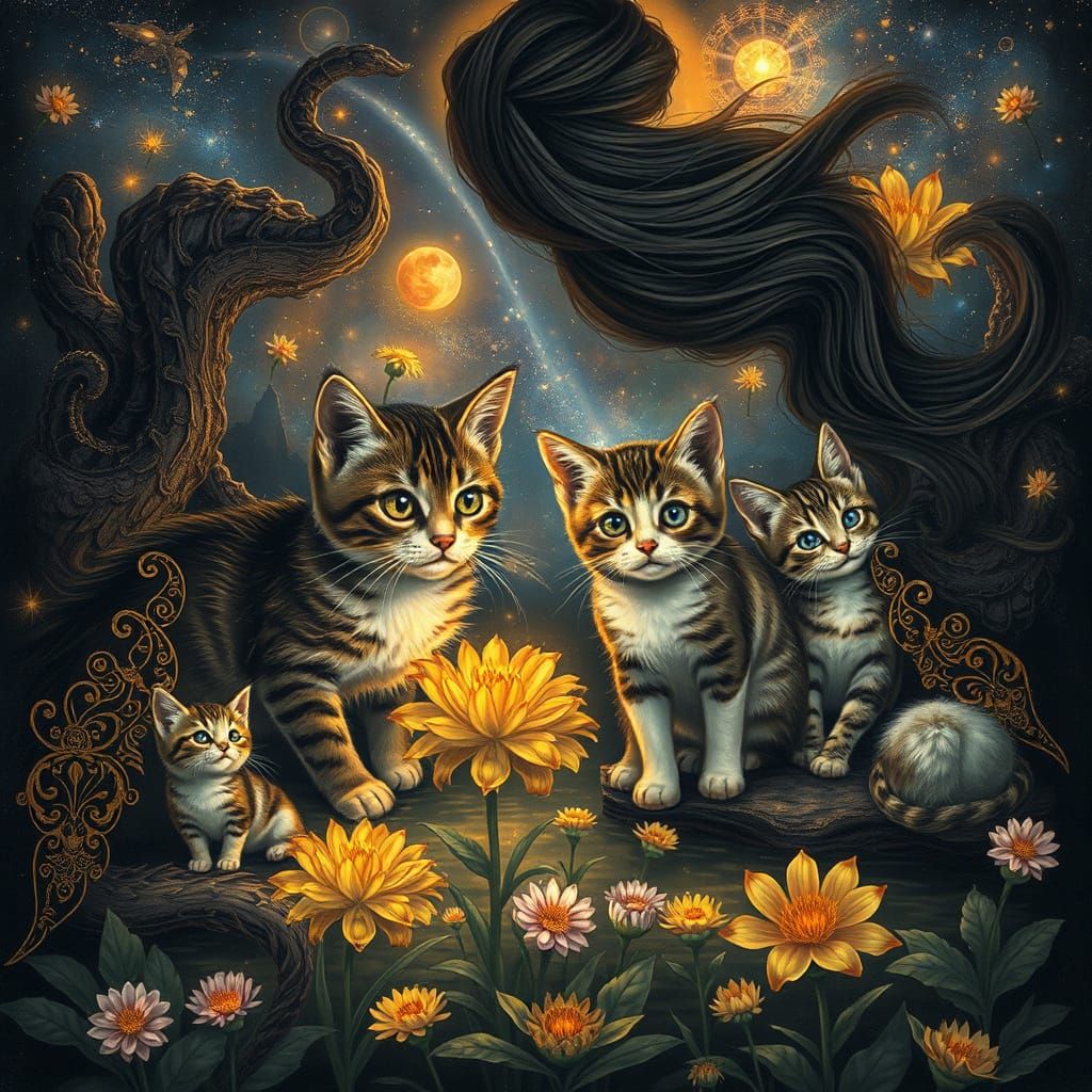 Dark Fantasy Cats in a Celestial Garden