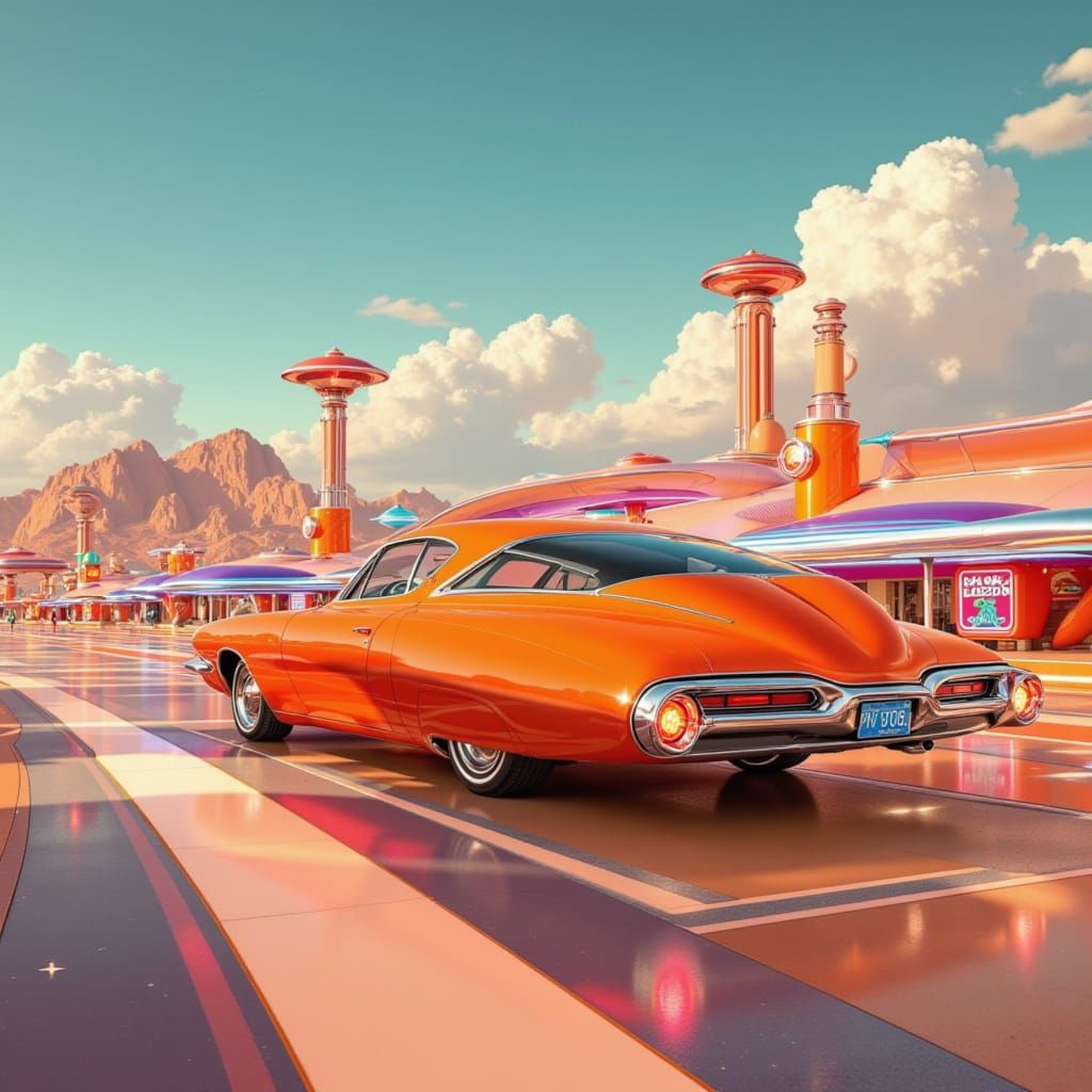 Retro Futuristic Orange Car Soars Over Googie City