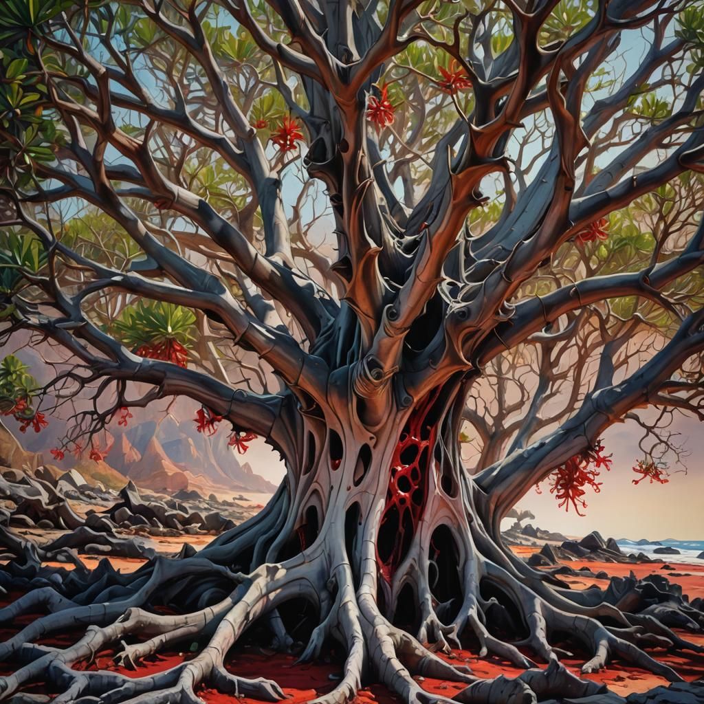 Dragon Blood Tree: Surreal Oil Painting in Rich Reds