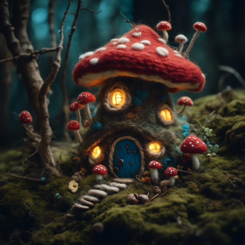 Needle Felted Fairy House in Crochet Forest
