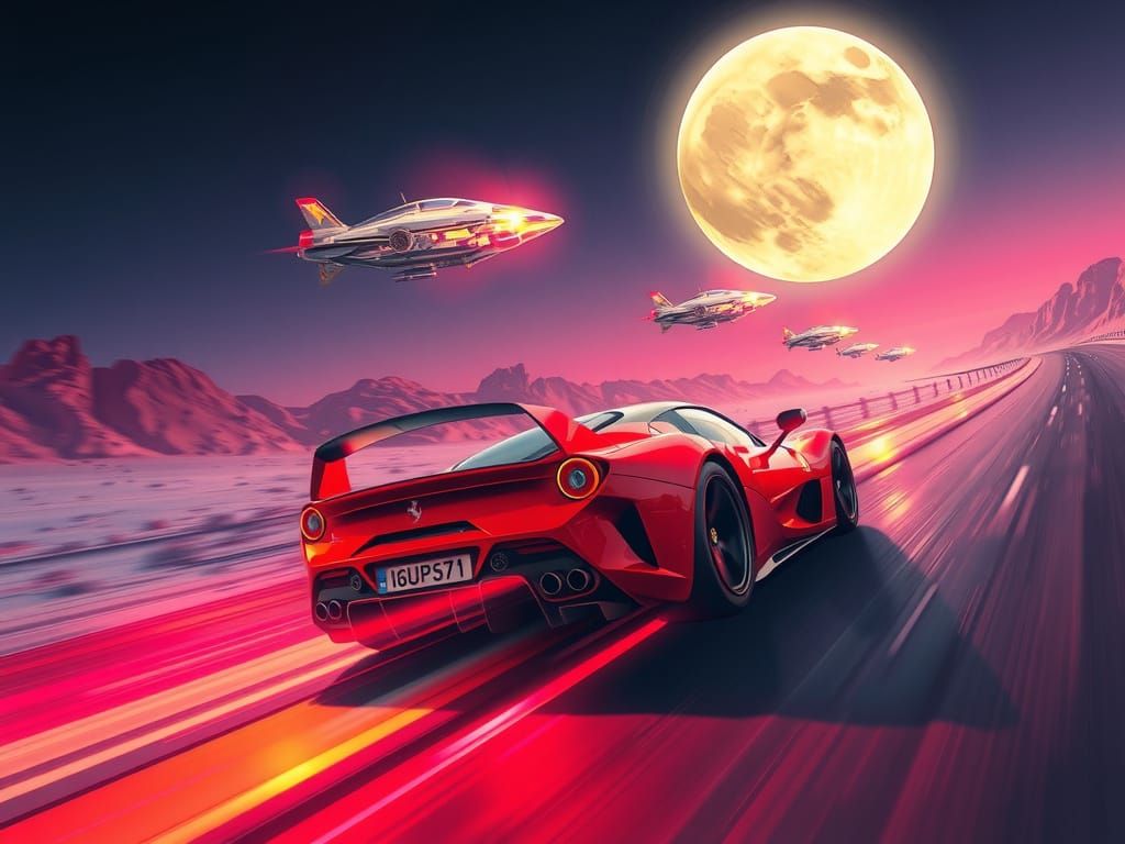 Ferrari and Alien Spaceships in Futuristic Style