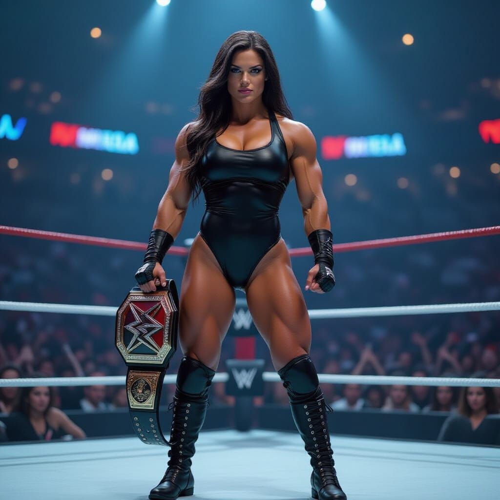 Brunette Wrestler with Championship Belt in Dynamic Pose