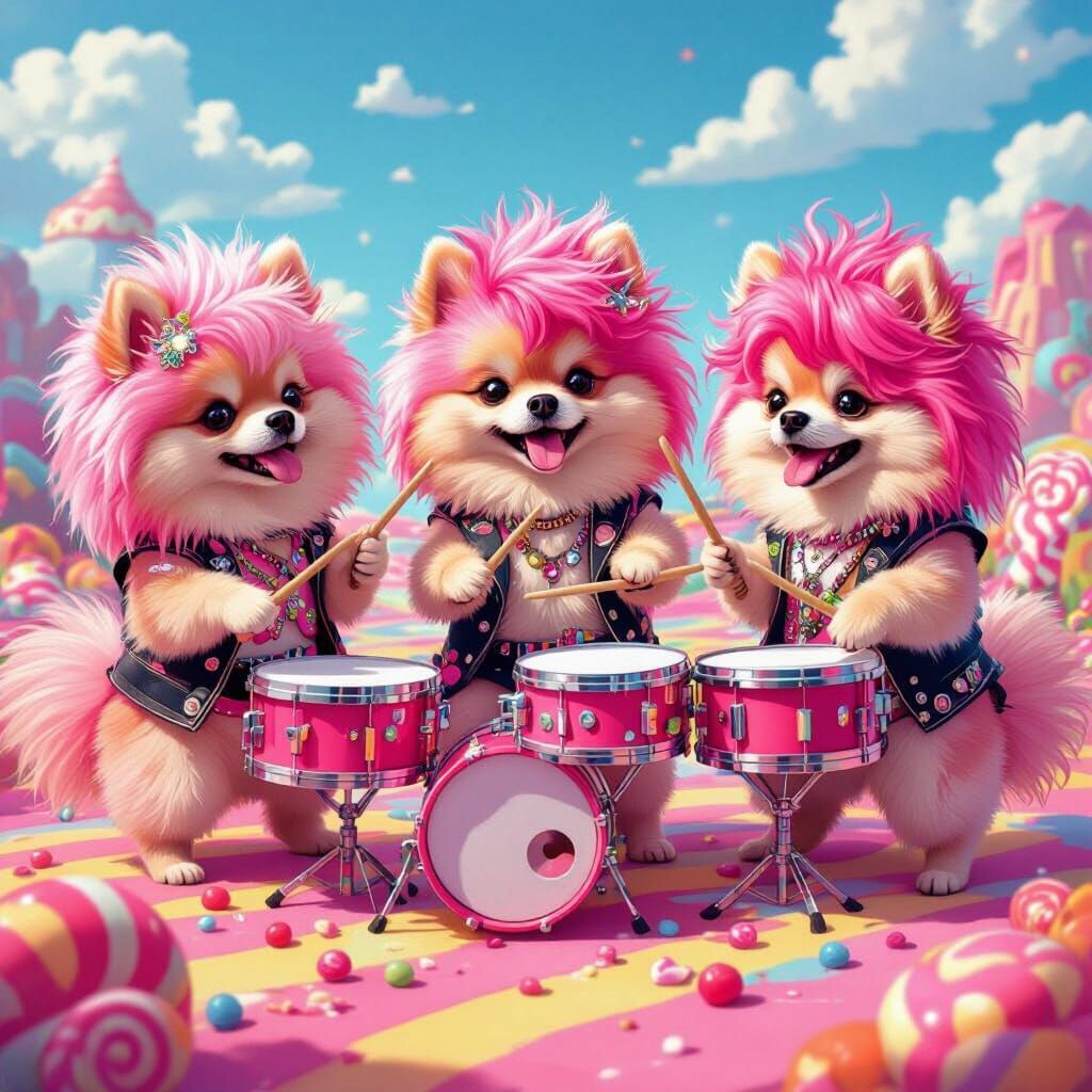 Pink Pomeranians Punk Rockers Playing Candy Drums