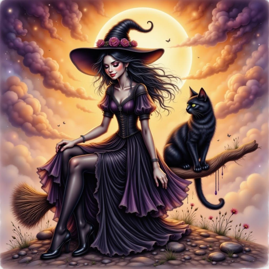 Whimsical Witch in a Dreamy Sunset Scene