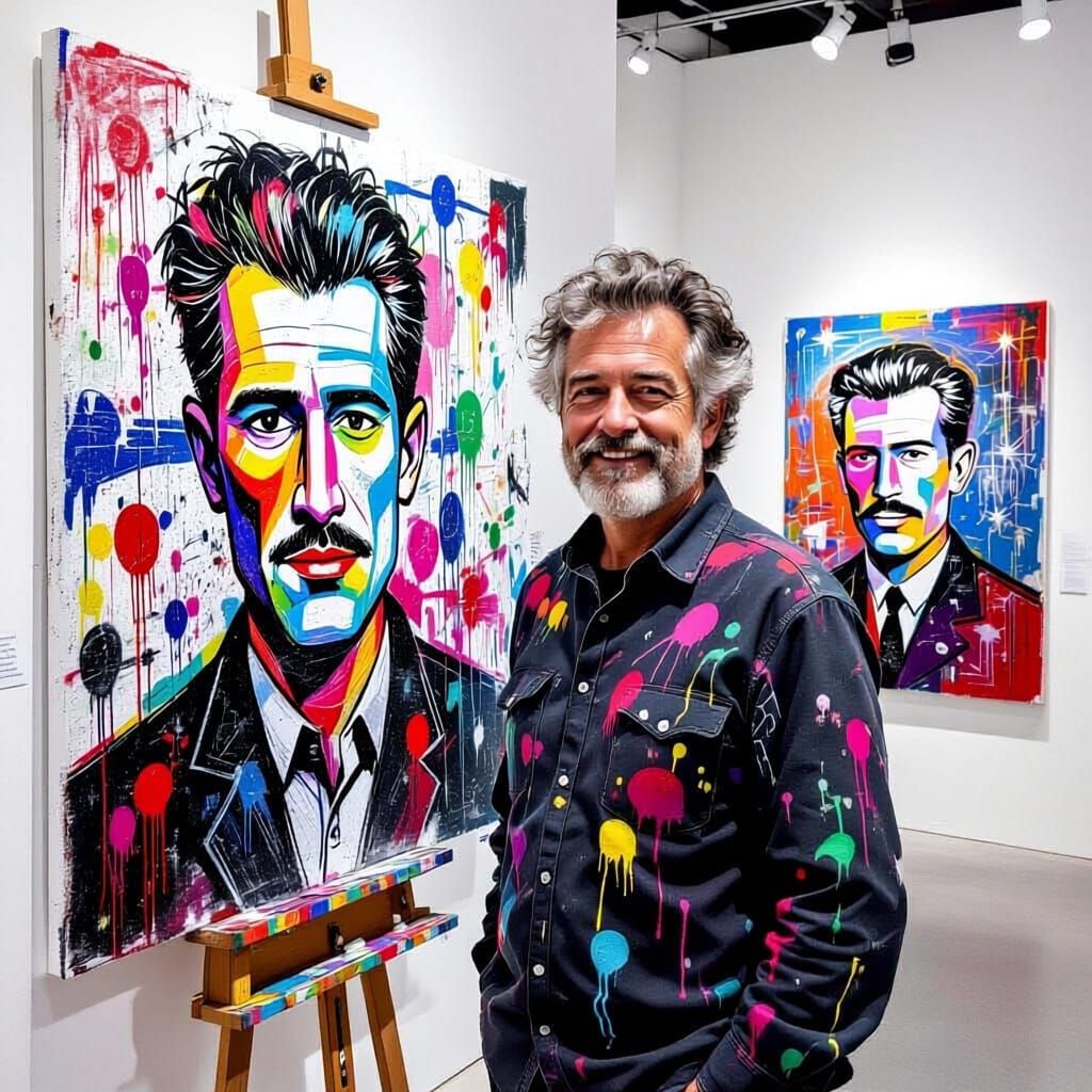 Artist Admiring Jackson Pollock-Inspired Drip Painting in Ga...