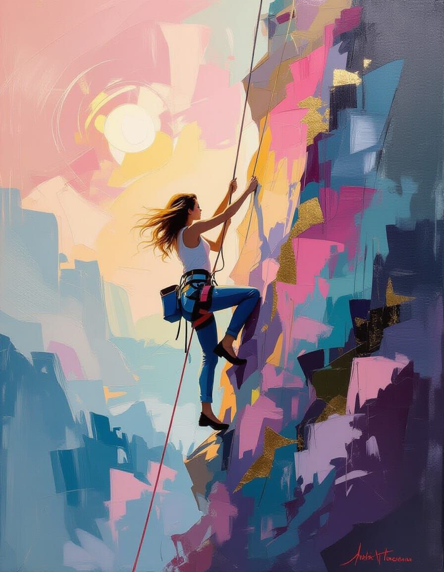Impressionistic Climbing Scene with Radiant Colors