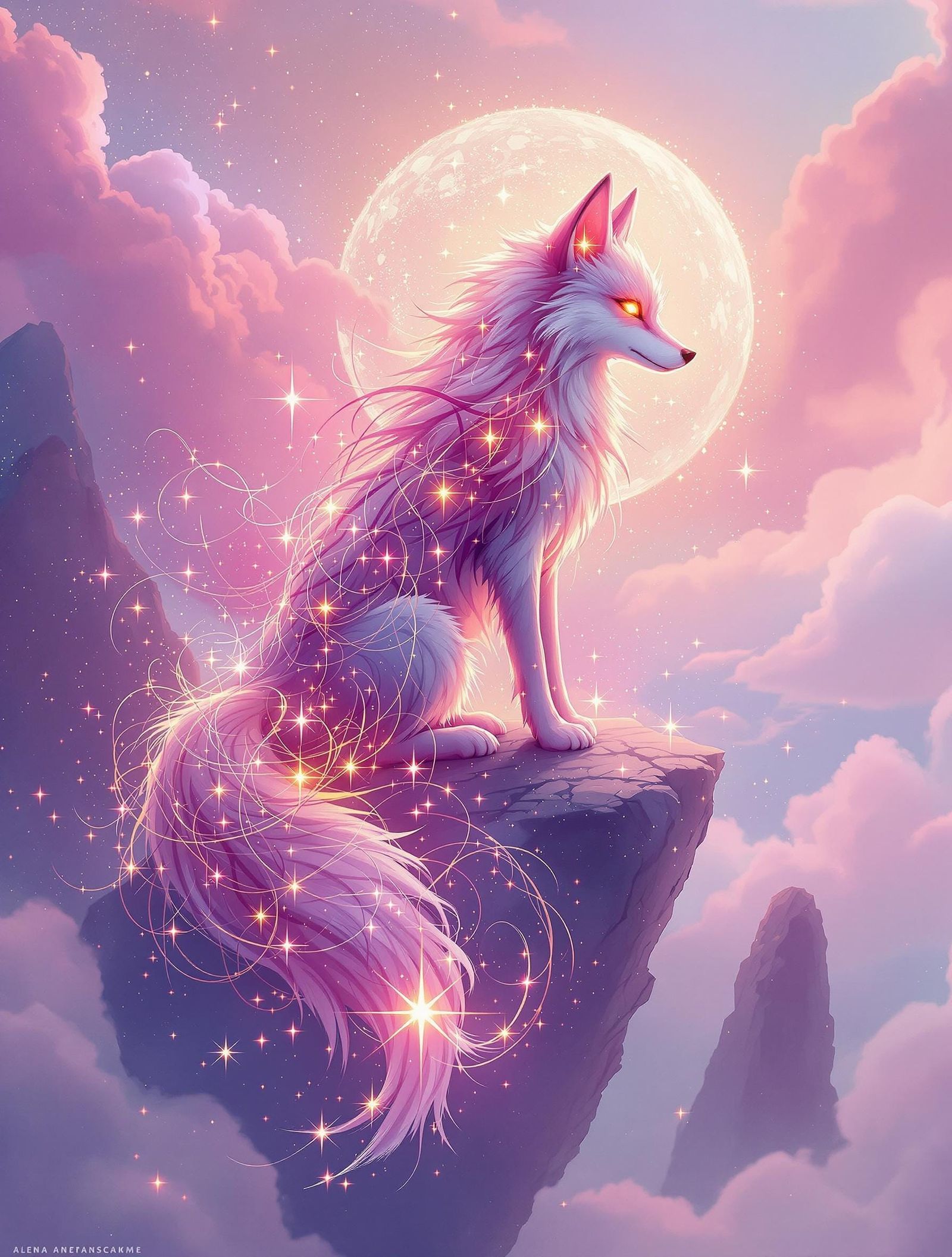 Mystical Fox Hybrid Sits on Cloudy Rock
