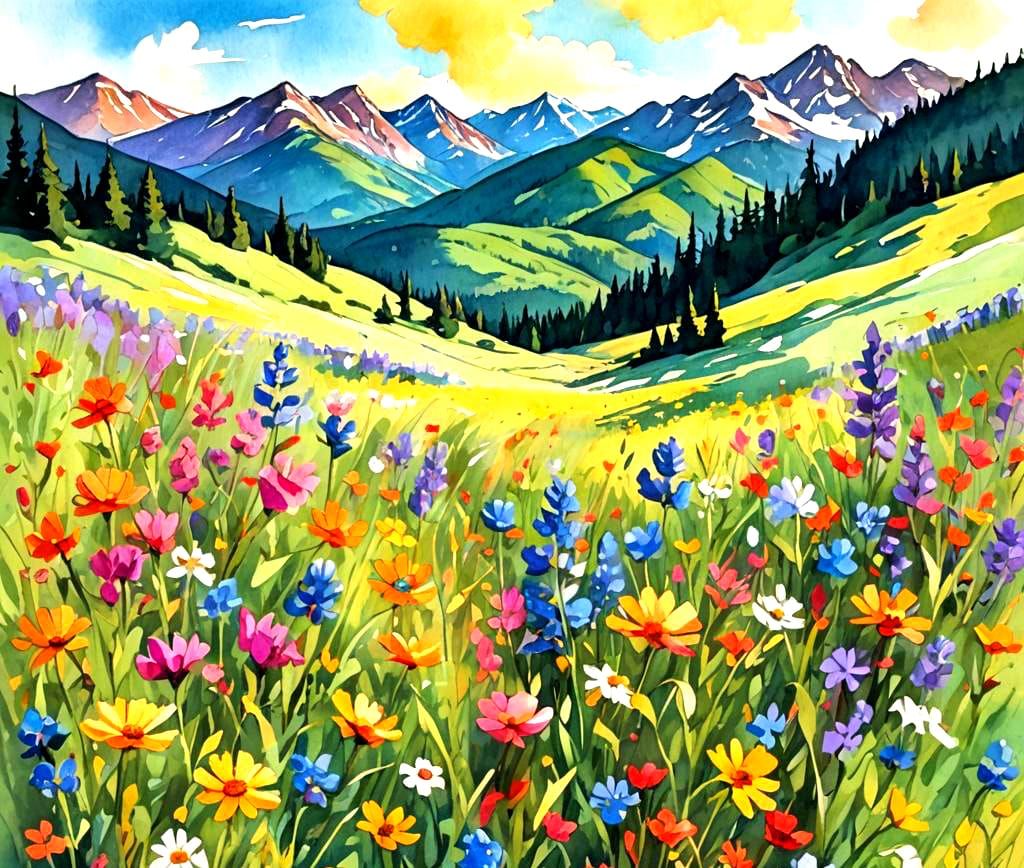 Wildflower Meadow in Gouache Watercolor Style