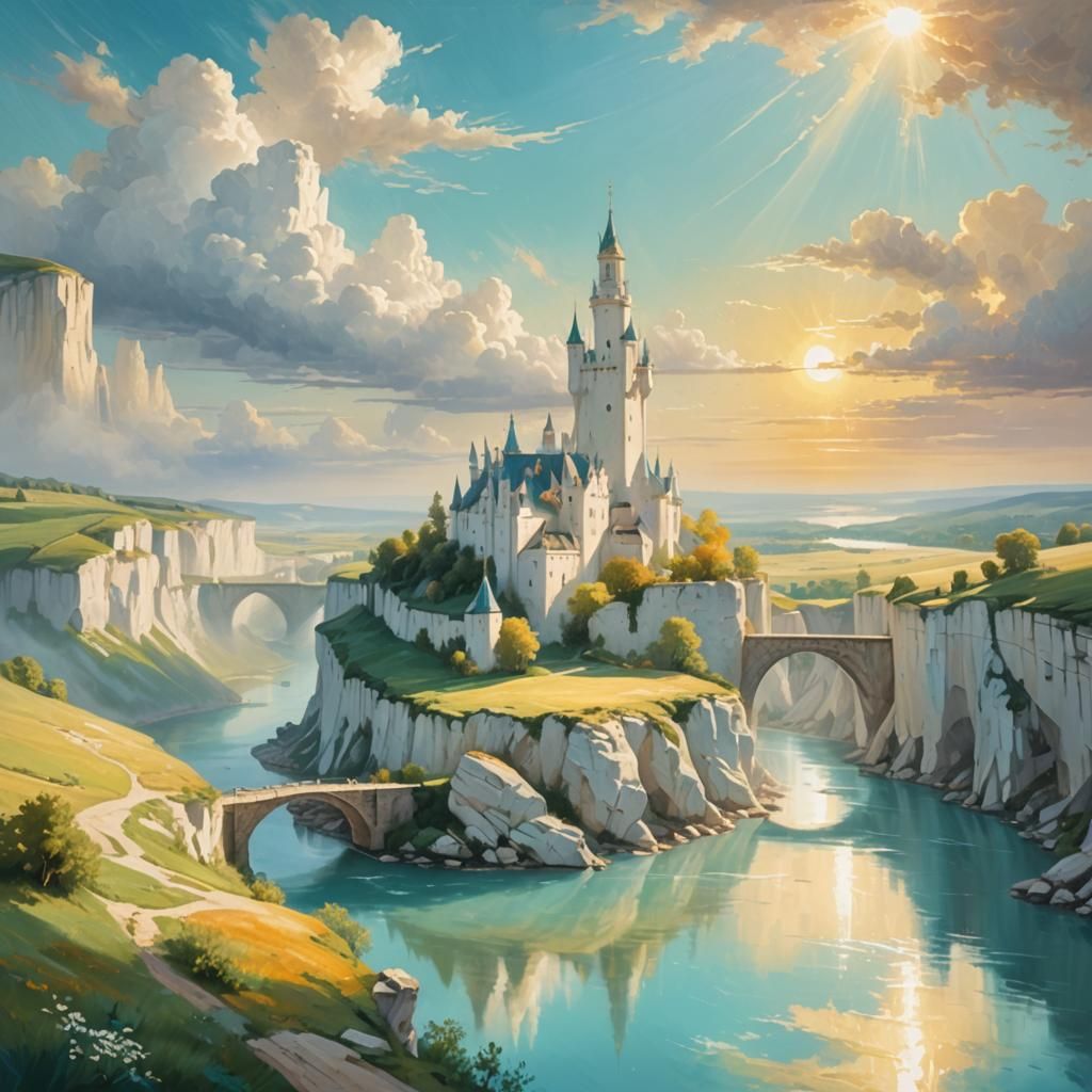 Dreamy Fantasy Landscape with Golden Light, Oil on Canvas