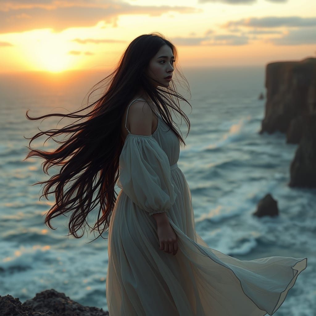 Melancholic Woman Gazing at Stormy Sunset