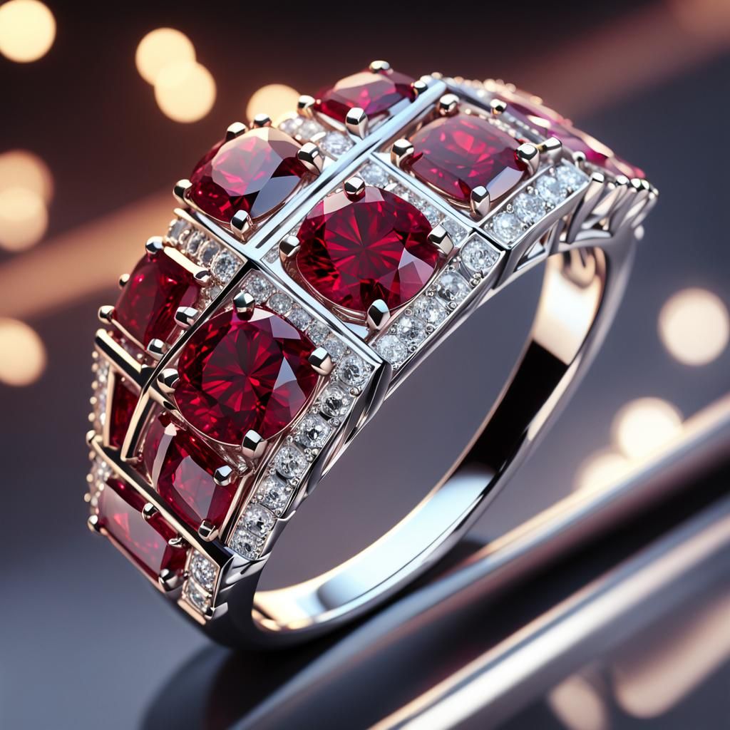 Silver Diamond Ring with Rubies in 3D Rendering