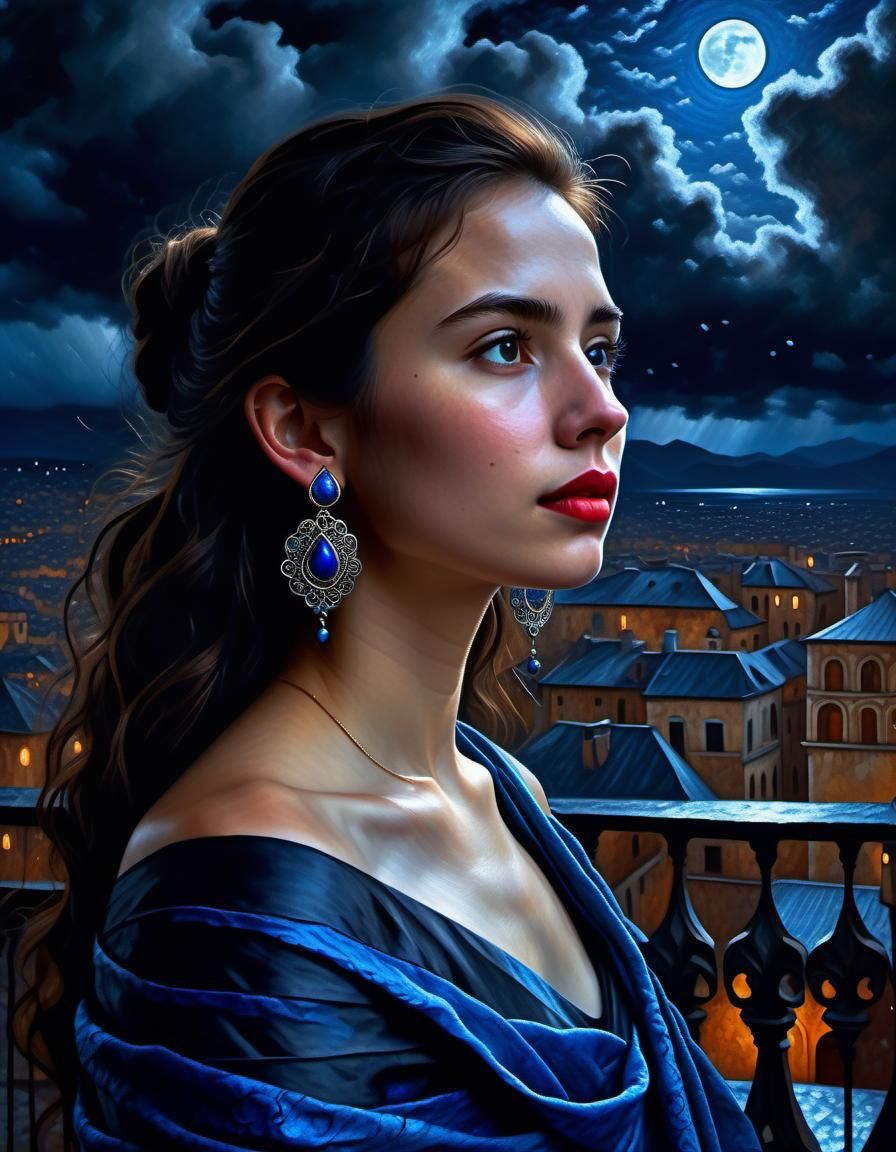 Woman on Balcony in Renaissance City, Oil Painting