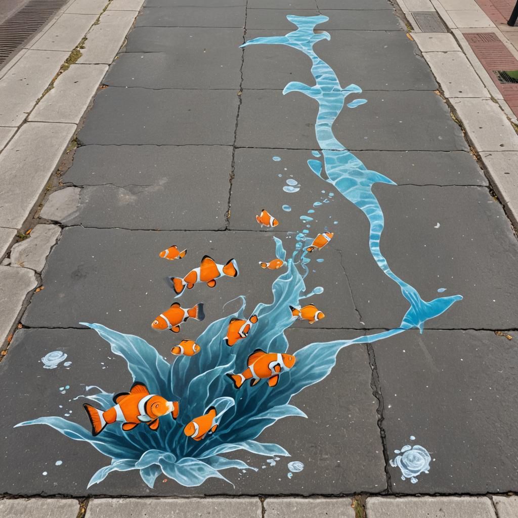 Chalk art illusion on a city sidewalk depicting an underwate...