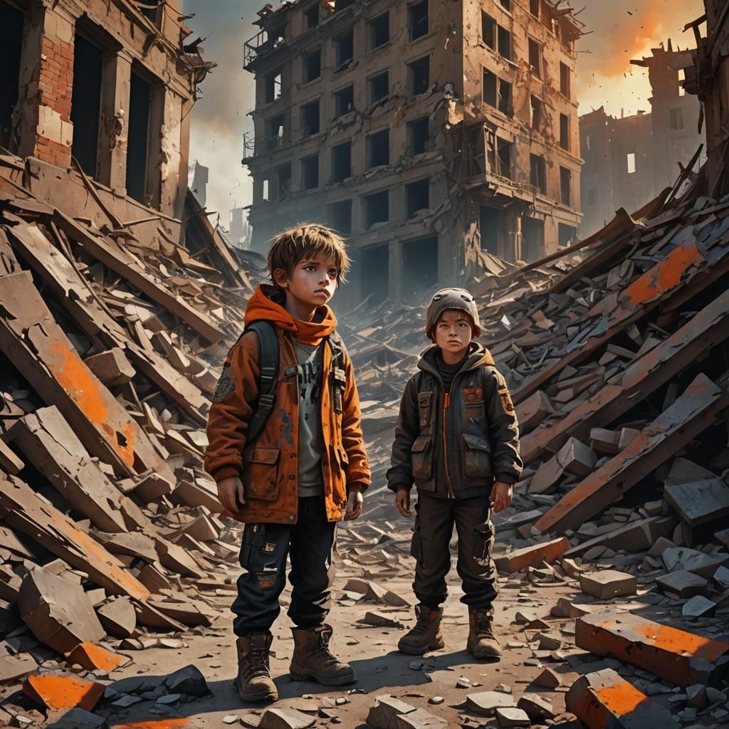 Post-Apocalyptic Child in Rubble: Surreal Digital Painting