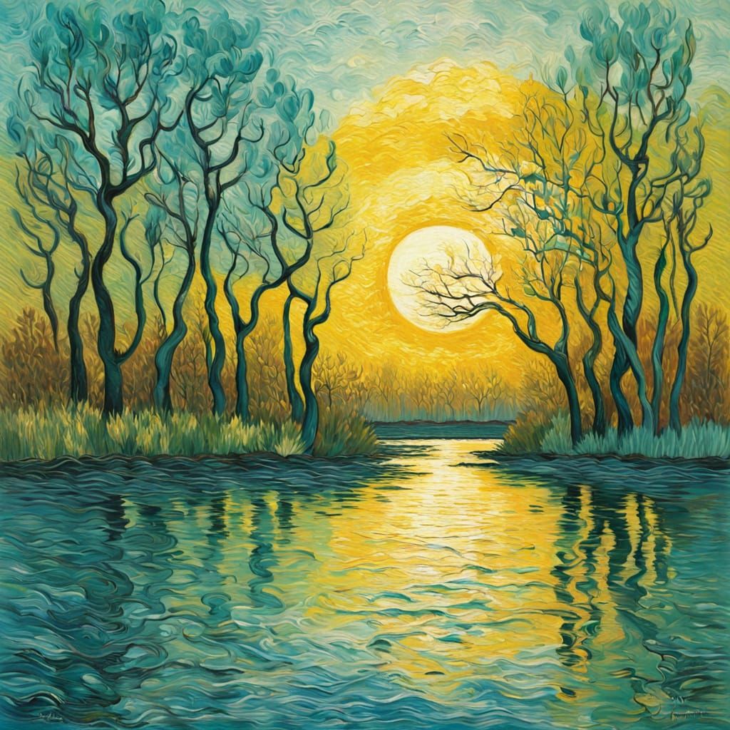 Autumn Evening Lake in Vibrant Oil Brush Strokes