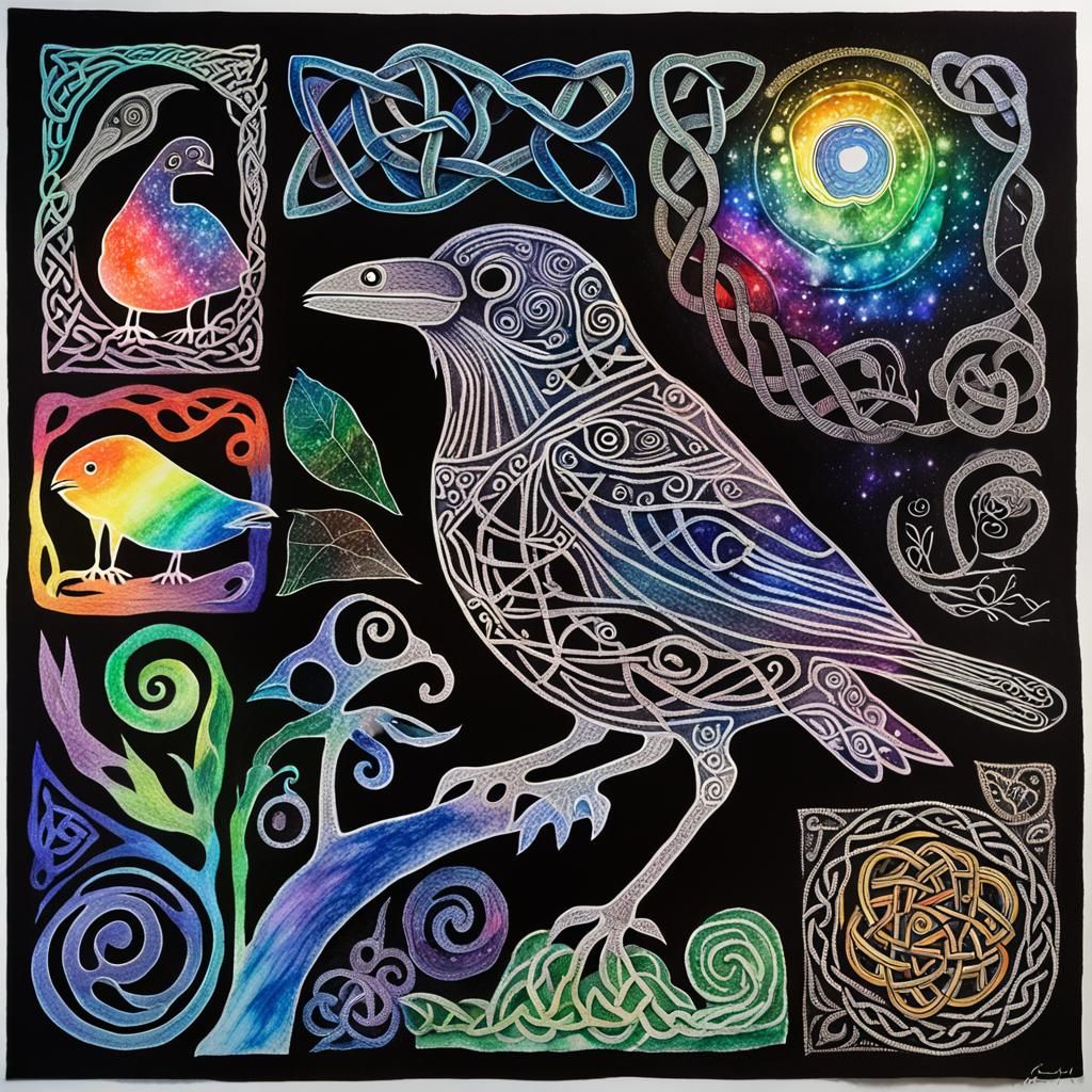 Celtic Raven Silhouette in Child's Crayon Art