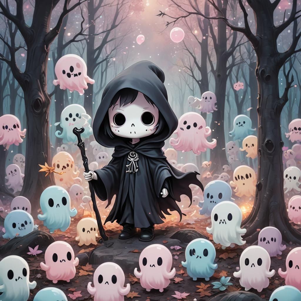 Chibi Grim Reaper Leads Ghosts Through Spooky Forest