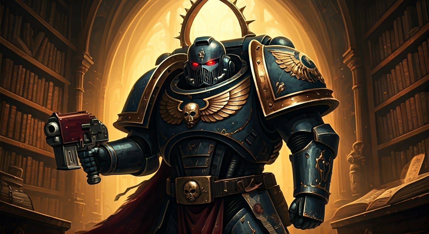 Ornate Space Marine Apothecary Portrait in Mystical Library