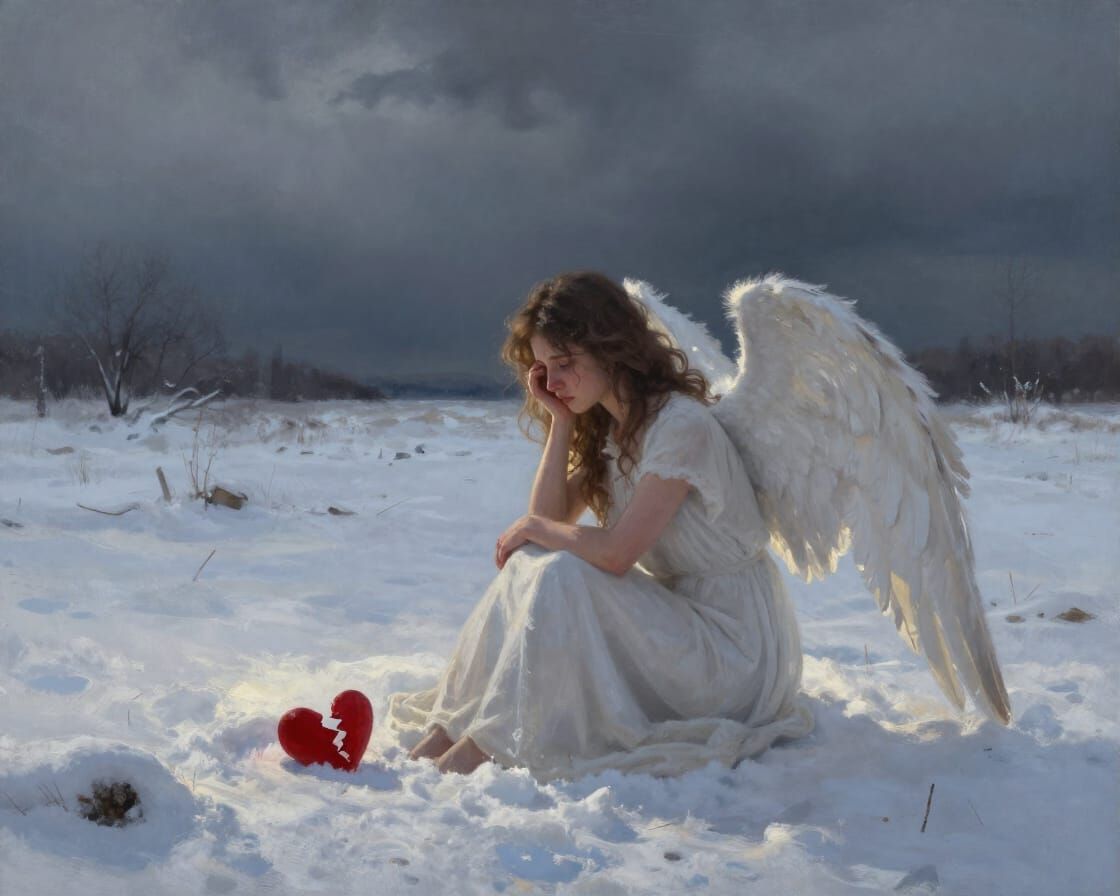 Melancholic Angel in Winter Landscape
