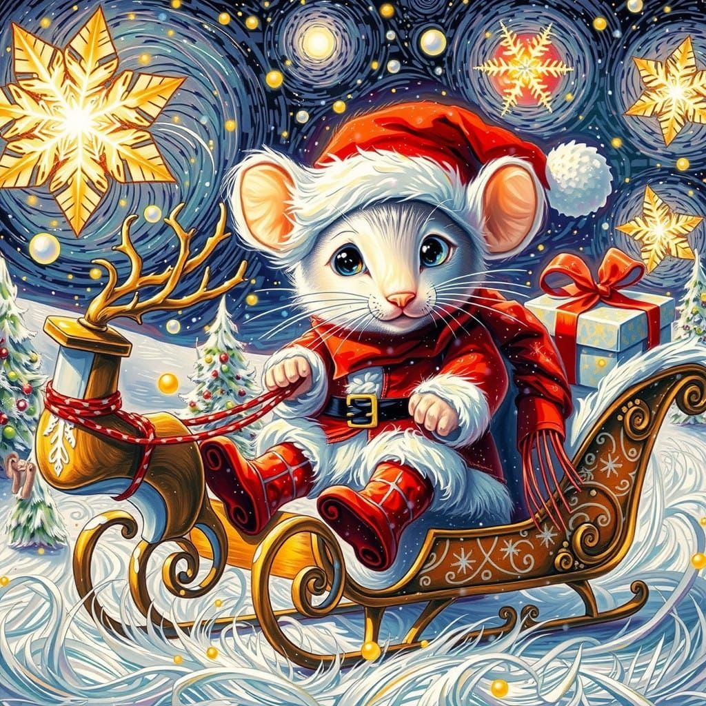 Regal Beige Cat in Santa's Gilded Sleigh on a Starry Midnigh...