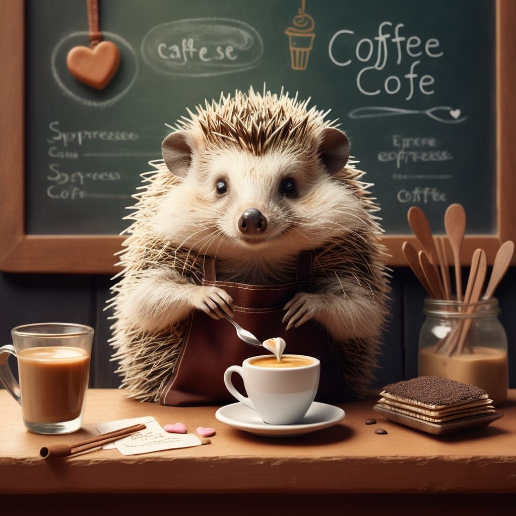 Cozy Café Scene with a Sleepy Hedgehog Barista