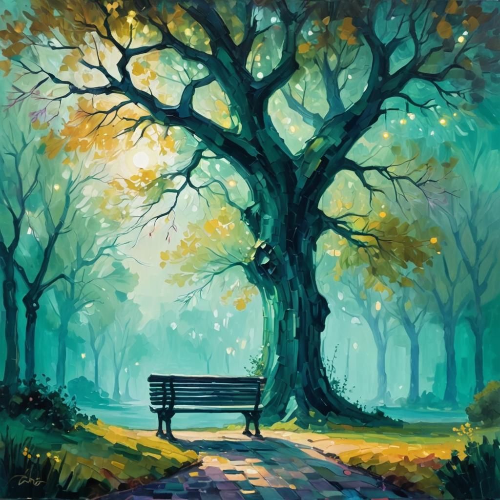 Night Park Bench in Expressionist Oil Painting Style