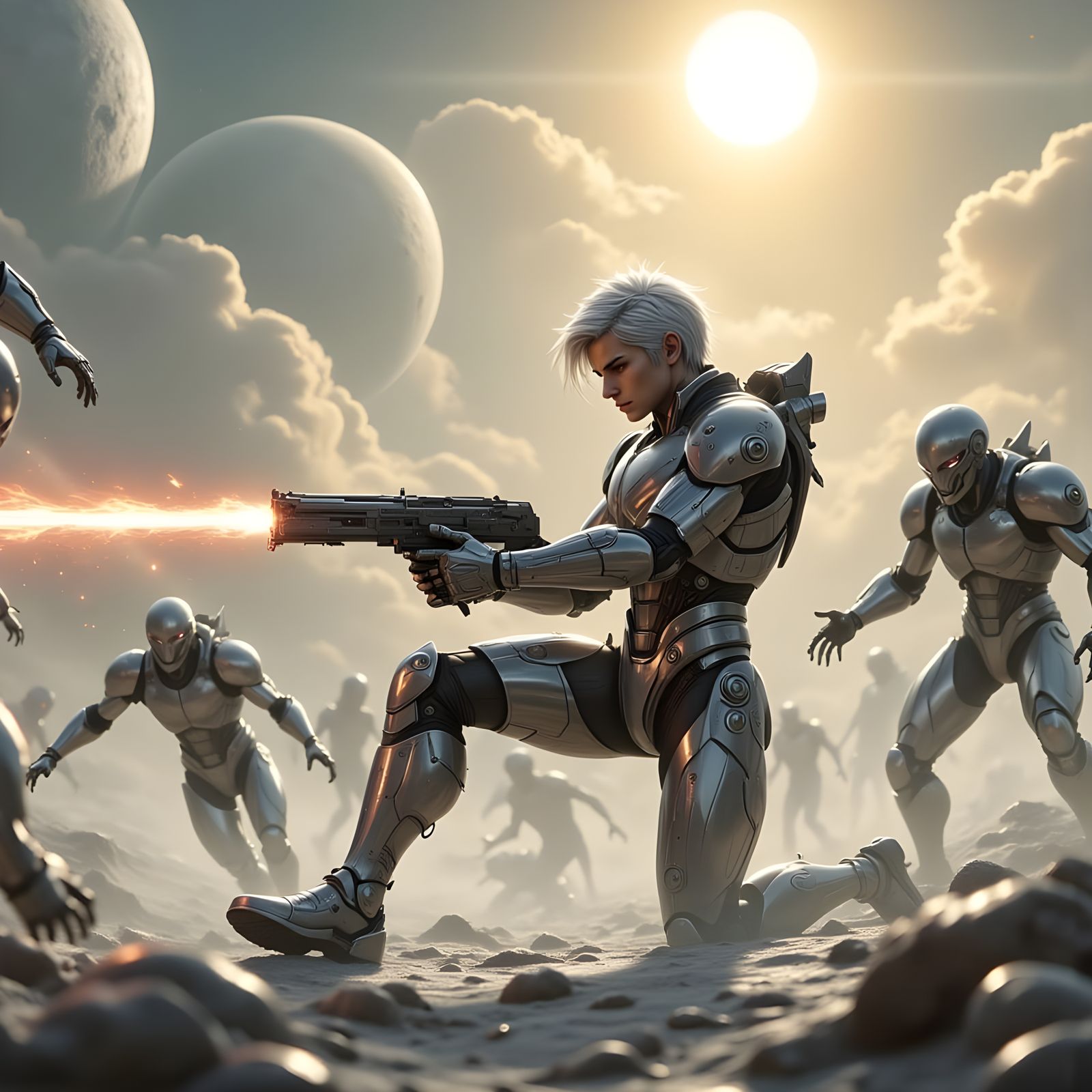 Futuristic Warrior Battling Aliens on Moonscape