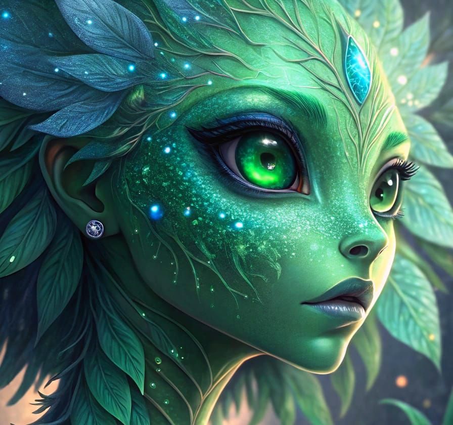 Ethereal Green Alien Goddess in Hyperdetailed Close-Up