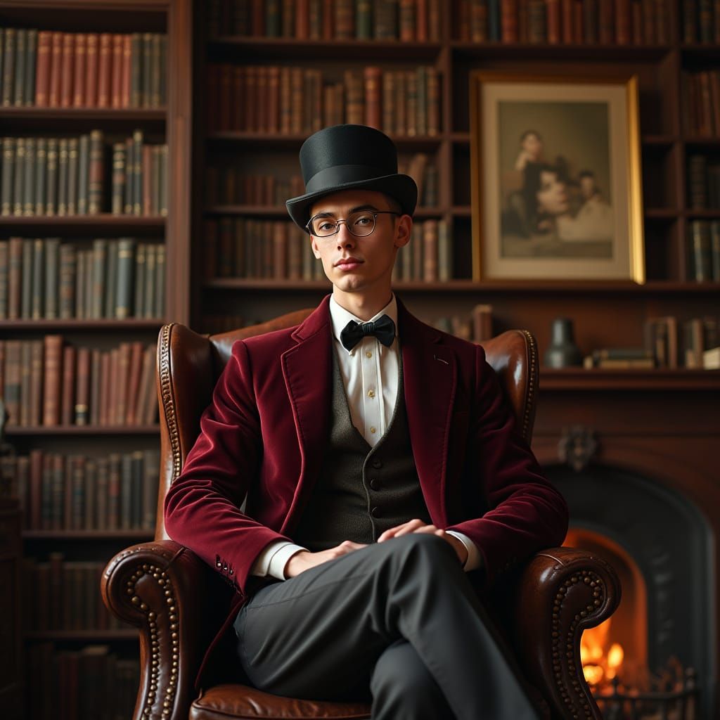 Dapper Man in Library, Wes Anderson Style