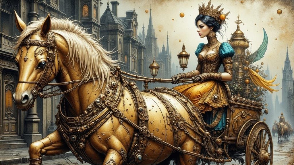 Steampunk Princess in Ornate Carriage Through Grungy City