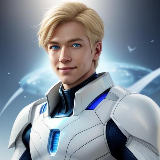 Ummo, male, short blond hair, blue eyes, smile, muscular, wh...