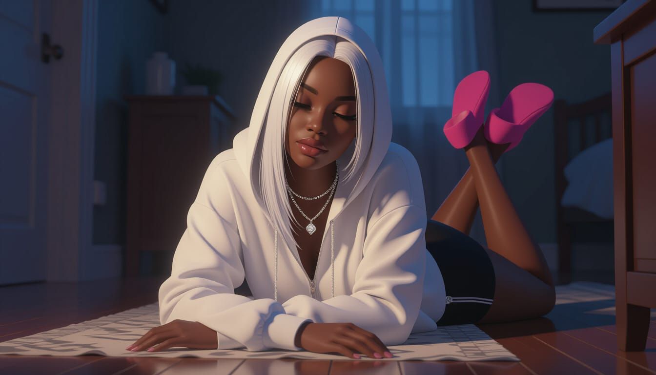 Hyperrealistic Portrait of African Woman in Dimly Lit House