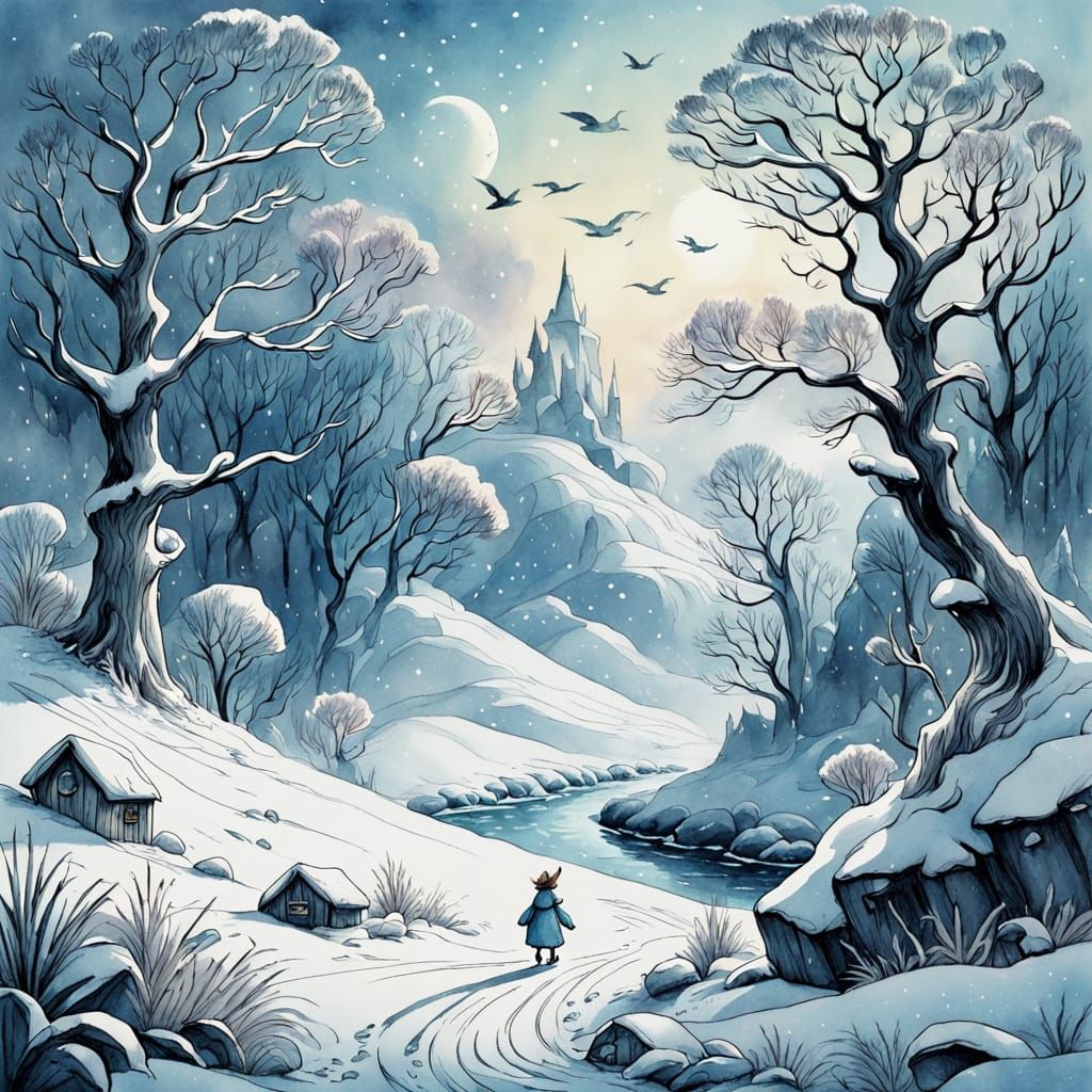 Surreal Winter Wonderland in Whimsical Cartoon Style