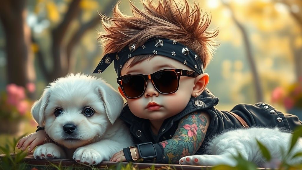Whimsical Oil Painting of Punk Rock Toddler with Puppy