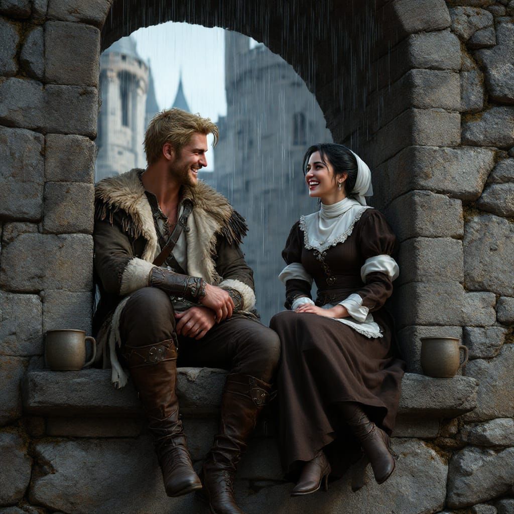 Medieval Couple Laughing in Castle Rain