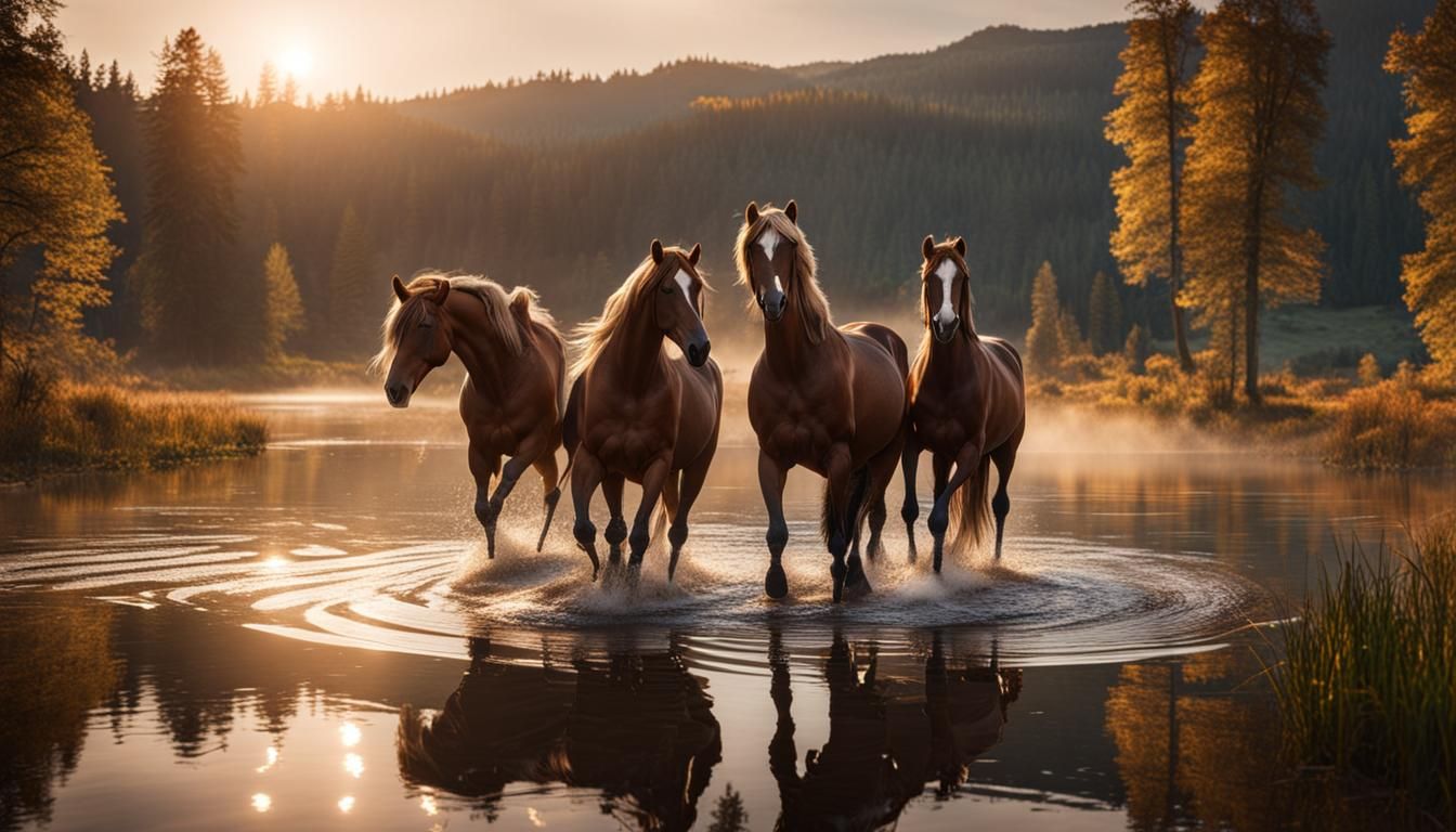Horses in Lake: Hyperrealistic Cinematic Photography