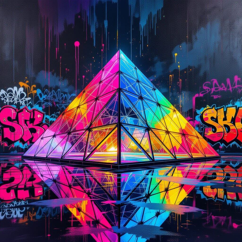 Translucent Glass Pyramid with Graffiti Art